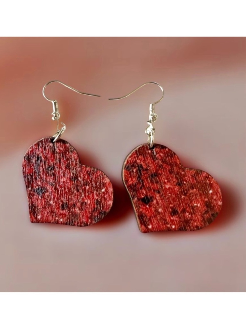 ⭐️ 5 for $25 Wooden Heart-Shaped Red Earrings Silver Tone Hoops